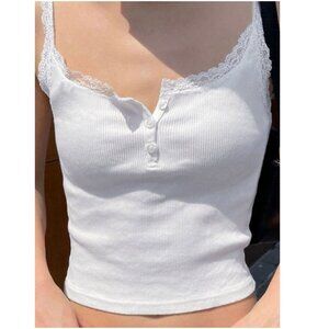 Emmiol Lace Trim Button Up Ribbed Crop Cami Top in White Size S